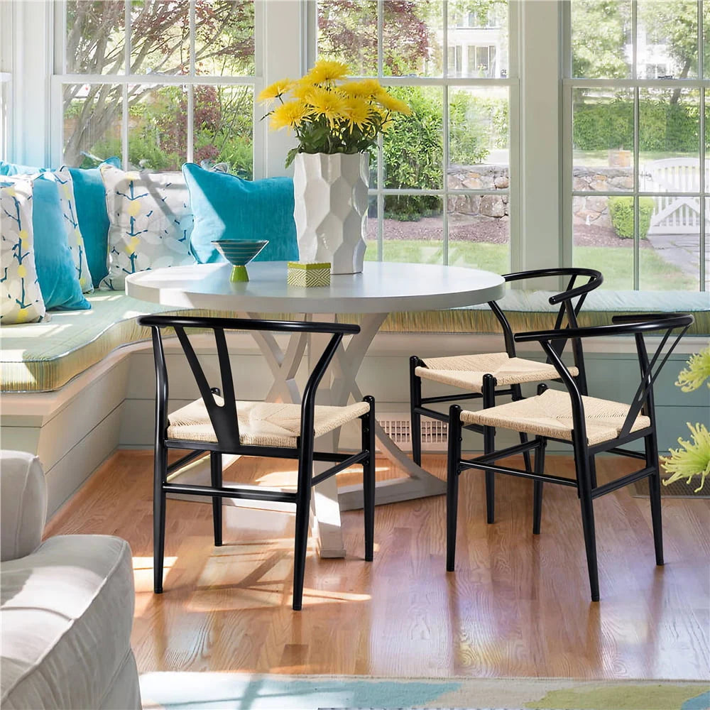 SMILE MART Modern Weave Y - Shaped Dining Chair with Solid Metal Frame, Black