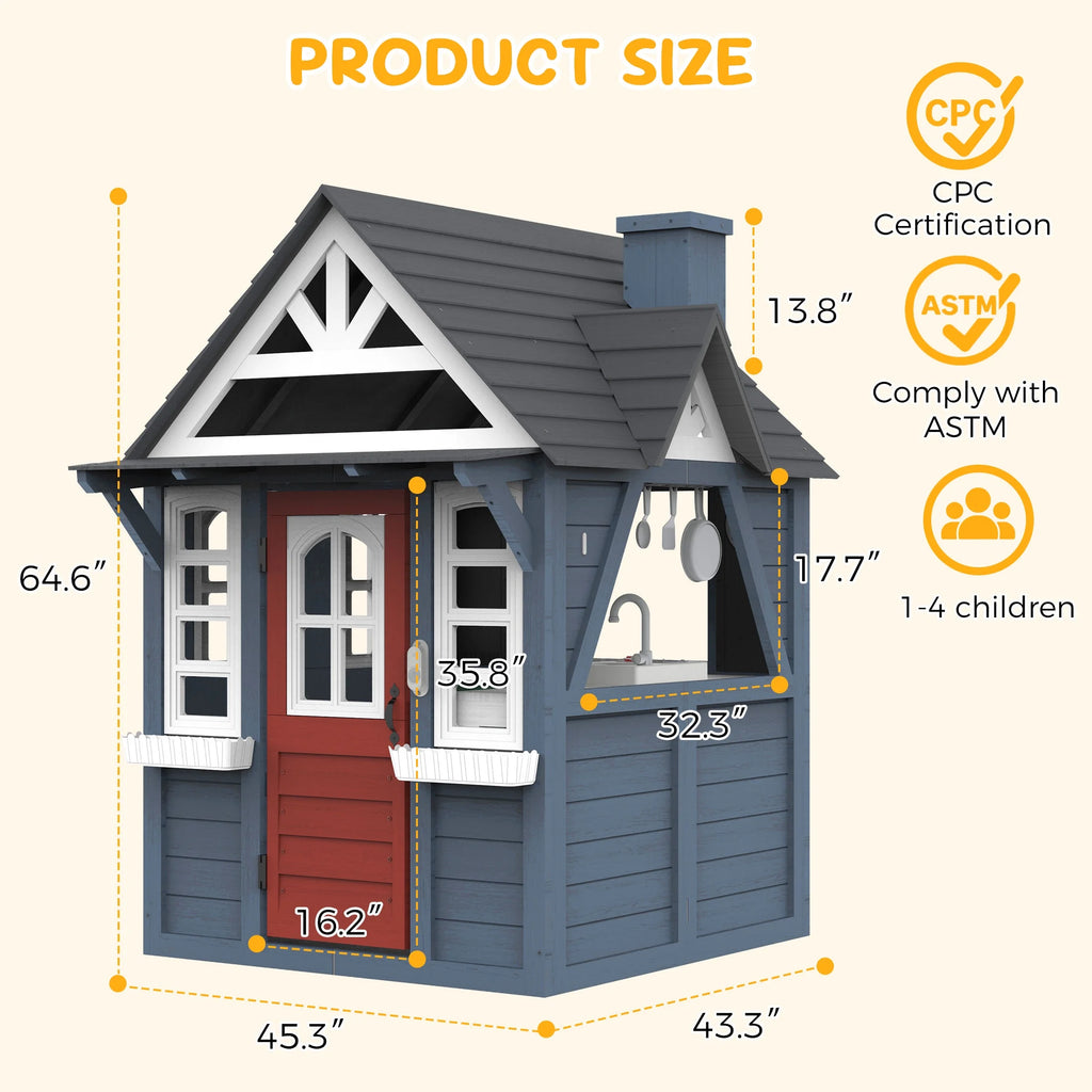 COCLUB Outdoor Playhouse for Kids Ages 4 - 8, Wooden Play House with Doorbell, Phone, Kitchen Toys, Outdoor Kids Play Equipment, Casa Para Niñas (45"l x 65"h), White & Black