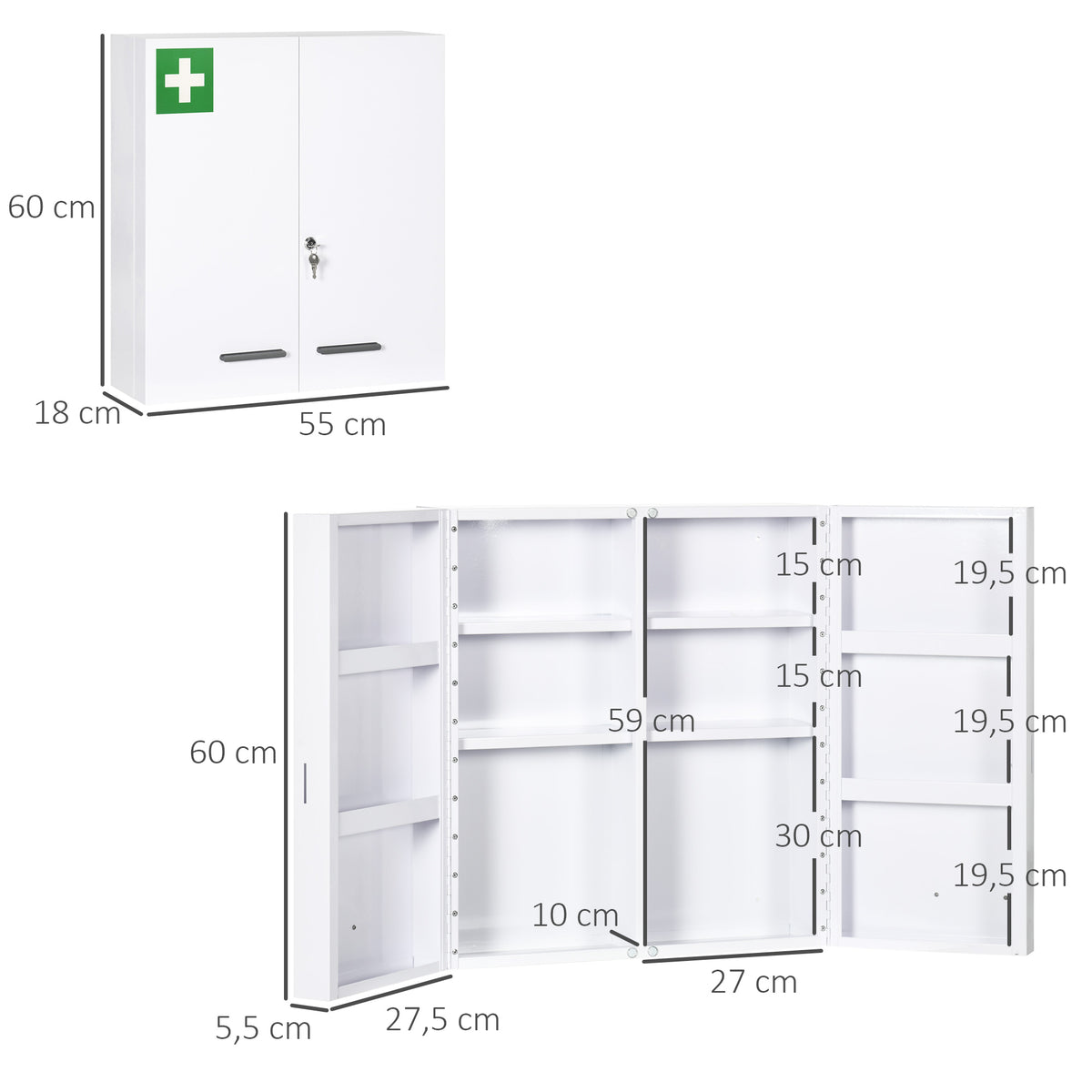 kleankin Medizinschrank, 6 Innenfächer, abschließbar, 2 Türen, stabiles Stahlgehäuse, weiß, 55 x 18 x 60 cm