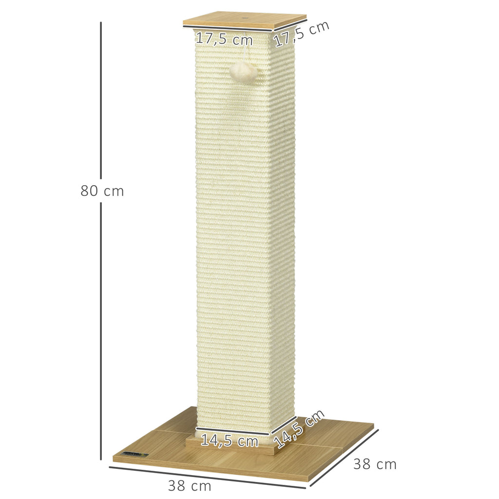 PawHut Kratzbaum inkl. Spielzeug, 38 cm x 38 cm x 80 cm, Beige + Natur