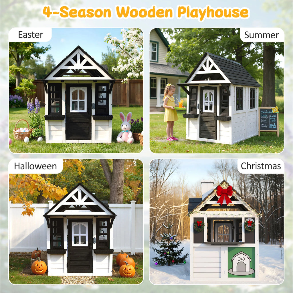 COCLUB Outdoor Playhouse for Kids Ages 4 - 8, Wooden Play House with Doorbell, Phone, Kitchen Toys, Outdoor Kids Play Equipment, Casa Para Niñas (45"l x 65"h), White & Black
