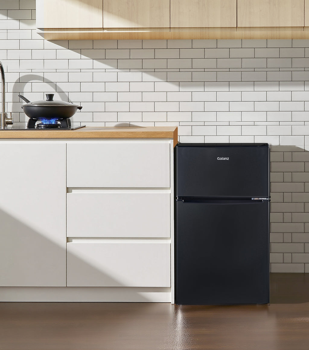 Galanz 3.1 cu ft Two Door Mini Fridge, Black, New