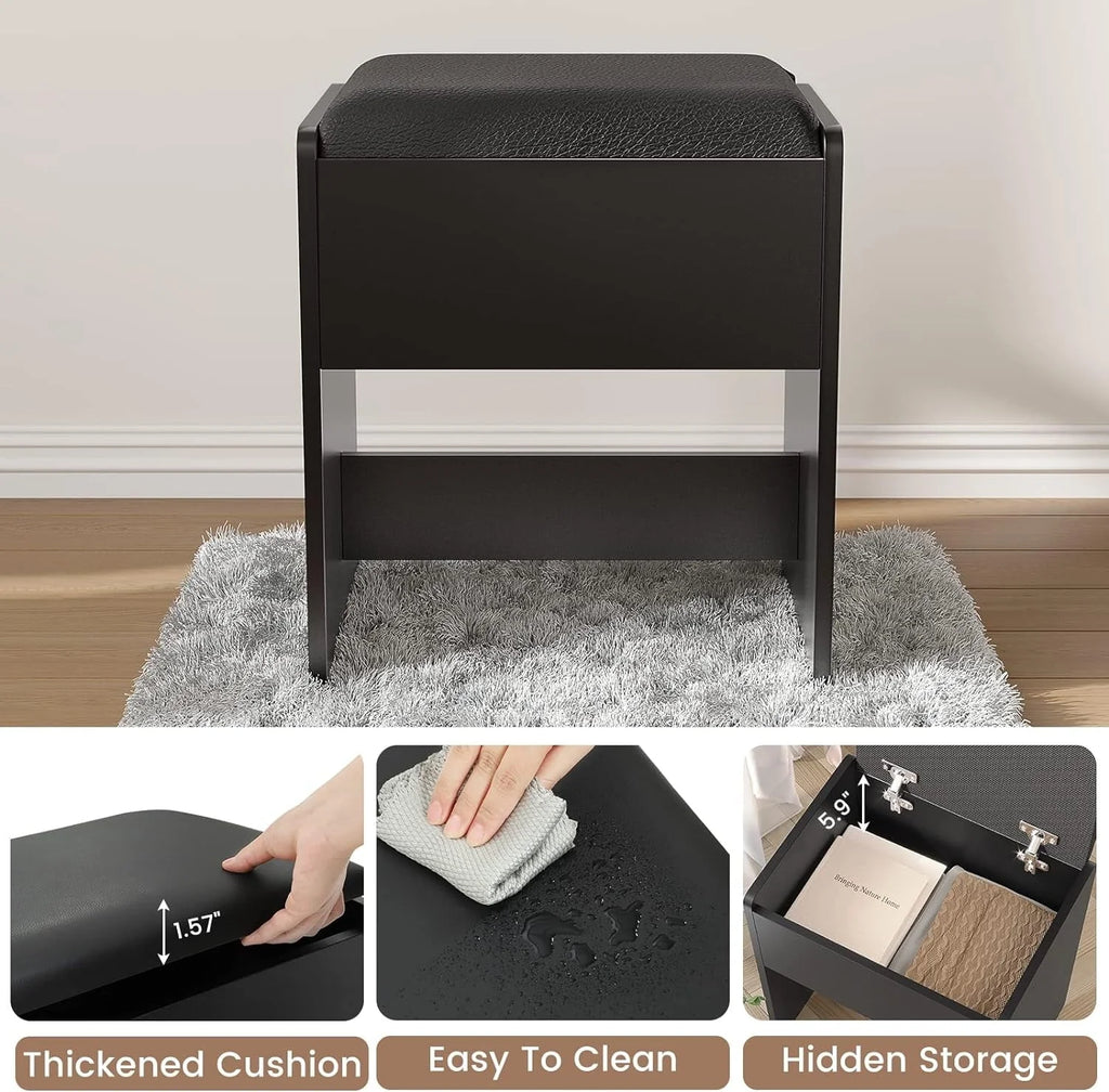 Black Vanity Set with Lights & Charging Station & Cushioned Stool, Modern Makeup Vanity Desk Table with Visible Drawers and Open Storage Shelves for Women Girls