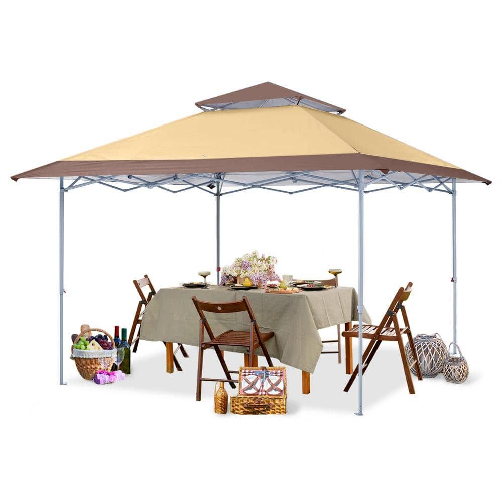 13 ft. x 13 ft. Khaki Pop-Up Canopy Tent Outdoor Gazebo Double Roof with Eaves