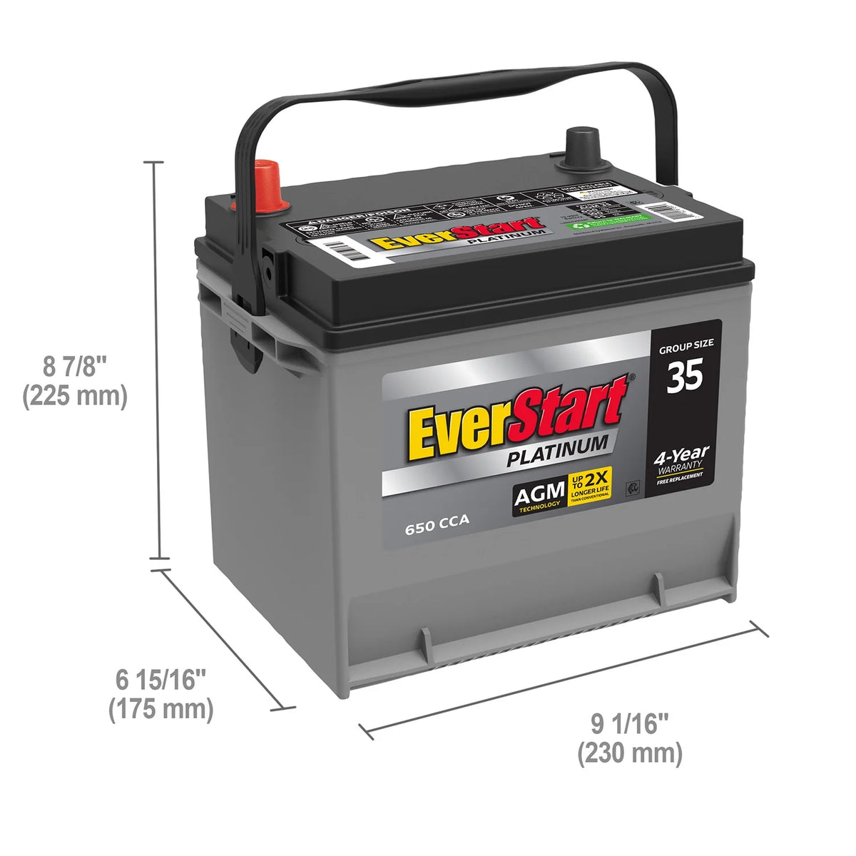 Everstart Platinum BOXED AGM Automotive Battery, Group Size 35 12 Volt, 650 CCA 100RC