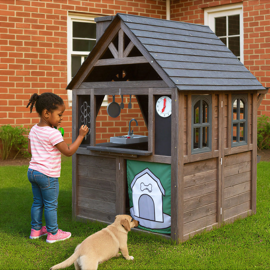 COCLUB Outdoor Playhouse for Kids Ages 4 - 8, Wooden Play House with Doorbell, Phone, Kitchen Toys, Outdoor Kids Play Equipment, Casa Para Niñas (45"l x 65"h), White & Black